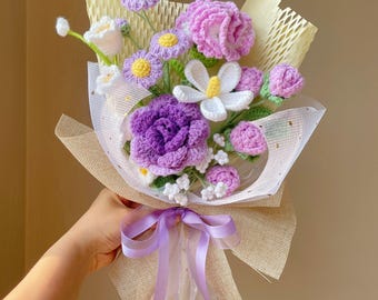 Gehäkelter Nelkenstrauß Rose Tulpe, lila rosa Strickblumen, Geschenk zum Muttertag