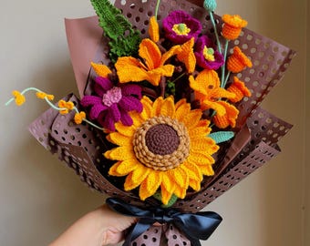 Muttertag Geschenk Häkeln Sonnenblume Bouquet, Handgemachte gestrickte Andenken Blume