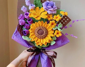 Mothers day Gift Crochet Sunflower Bouquet, Handmade Knitted Yarn Keepsake Flower for Mom, Birthday, Wedding, Anniversary, Wife, Grandma