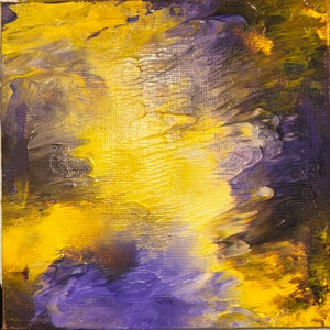 May include: Abstract painting with yellow, purple, and black paint. The paint is applied in a thick, textured style, creating a sense of movement and depth.