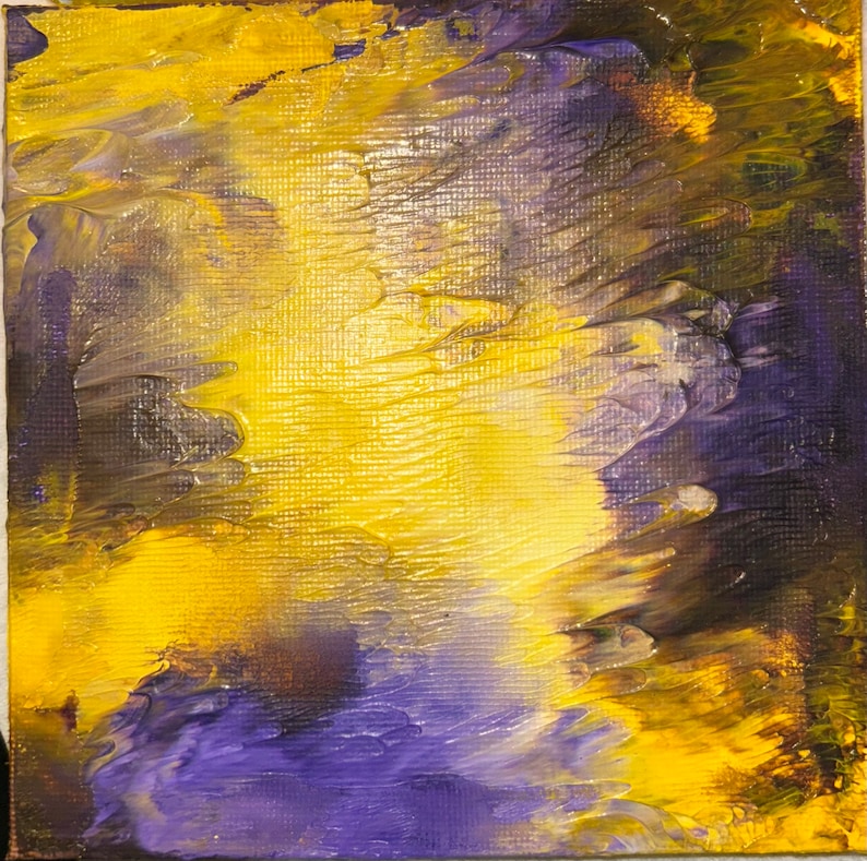 May include: Abstract painting with yellow, purple, and black paint. The paint is applied in a thick, textured style, creating a sense of movement and depth.