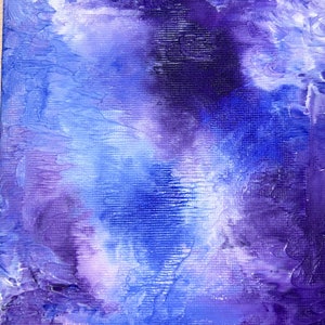 May include: Abstract painting with shades of purple, blue, and white. The paint is applied in a textured style, creating a sense of depth and movement.