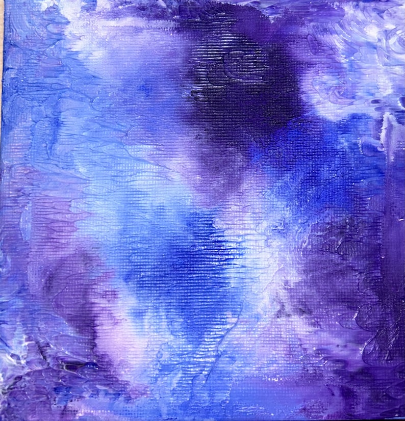 May include: Abstract painting with shades of purple, blue, and white. The paint is applied in a textured style, creating a sense of depth and movement.