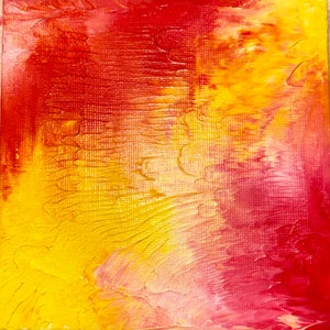 May include: Abstract painting with a blend of red, yellow, and white paint. The paint is applied in thick strokes, creating a textured surface.
