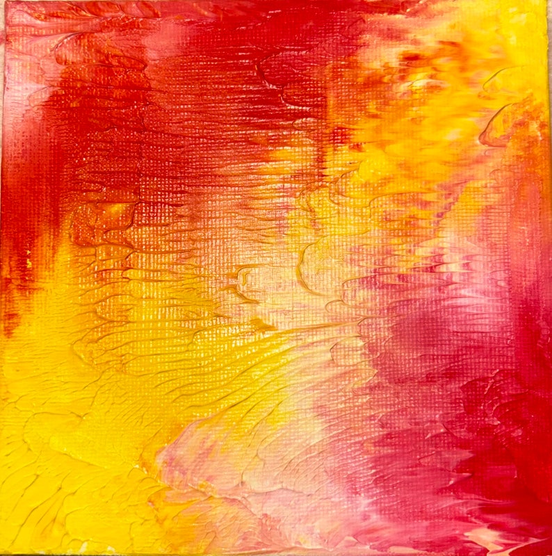 May include: Abstract painting with a blend of red, yellow, and white paint. The paint is applied in thick strokes, creating a textured surface.