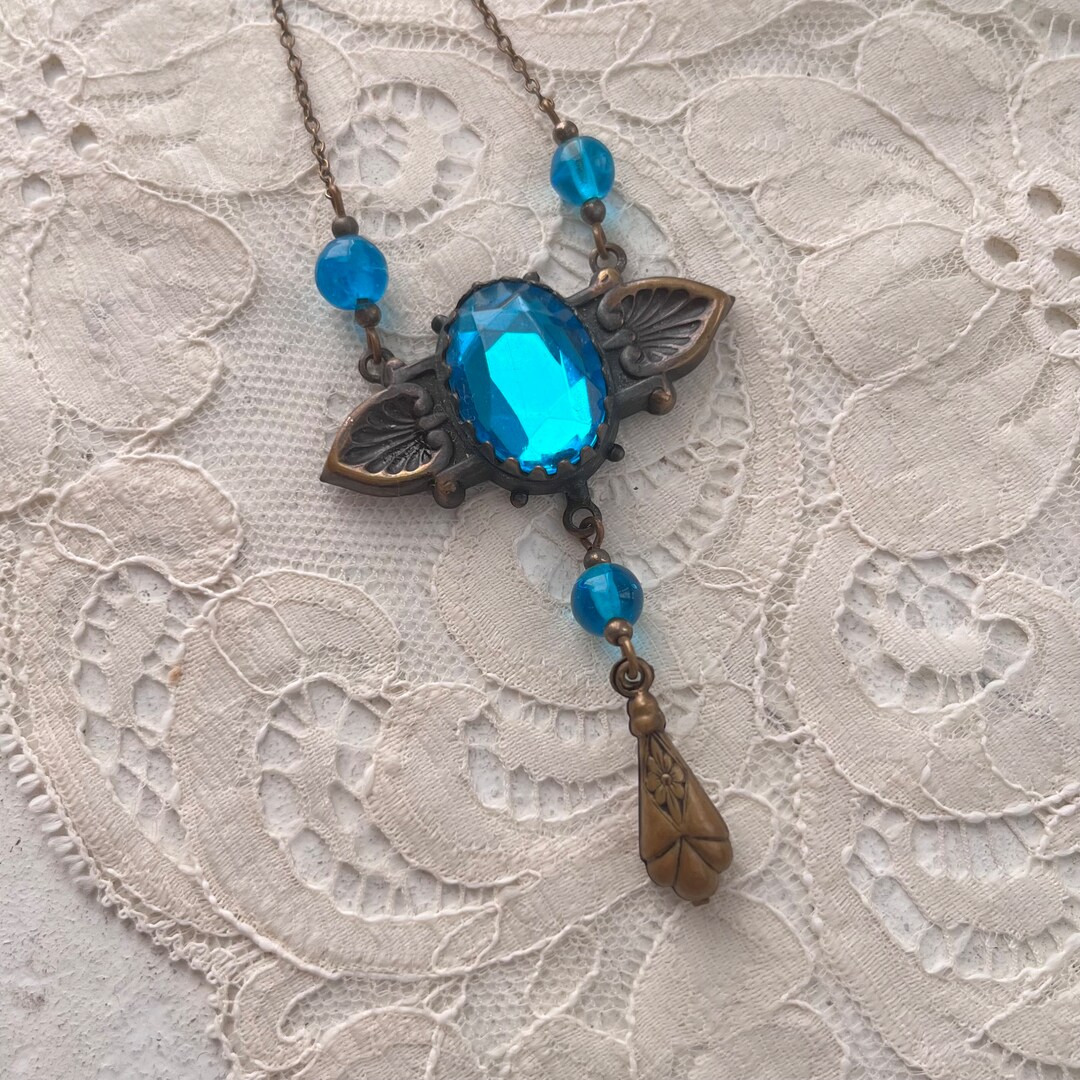 Pididdly Links Art Nouveau Style Necklace, Large Brass Pendent W/ Blue