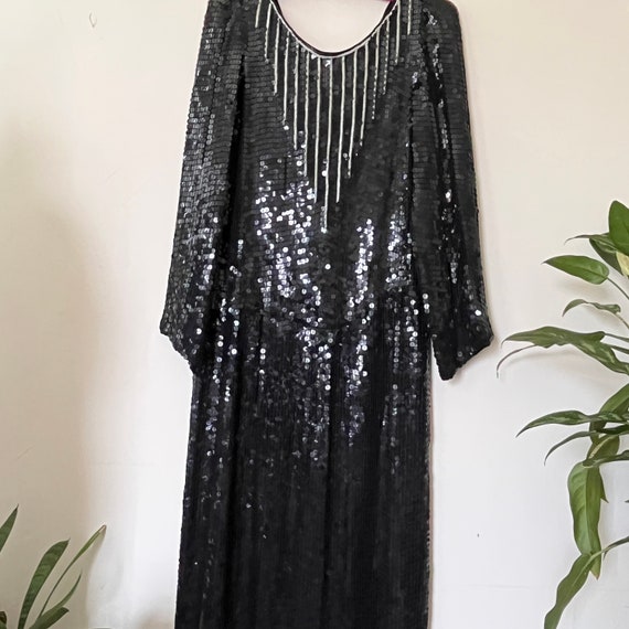 Vintage Black Sequin Silk Dress, Hand Beaded Made… - image 10