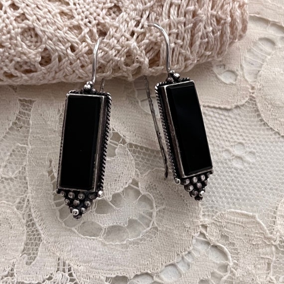 Vintage Black Onyx + Sterling Silver Earrings, Lo… - image 3