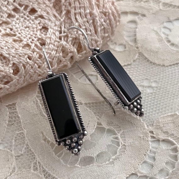 Vintage Black Onyx + Sterling Silver Earrings, Lo… - image 1