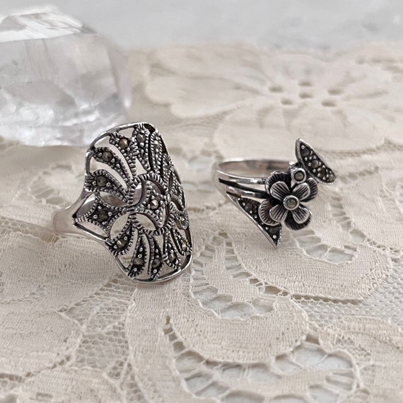 Sterling Silver Marcasite Flower Shield Ring Sterling Silver Marcasite Flower Shield Ring