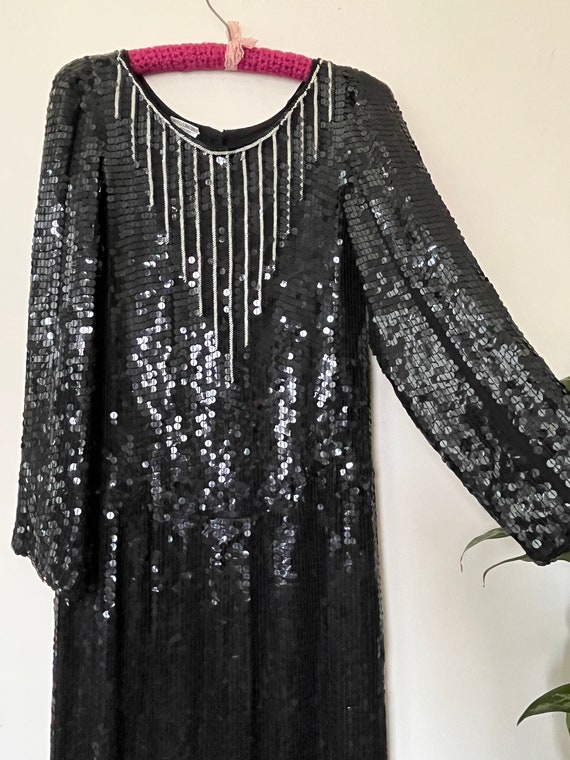 Vintage Black Sequin Silk Dress, Hand Beaded Made… - image 8