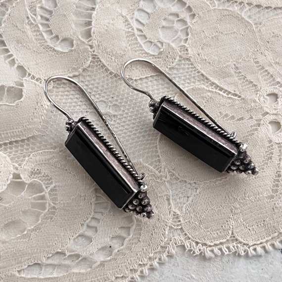 Vintage Black Onyx + Sterling Silver Earrings, Lo… - image 7