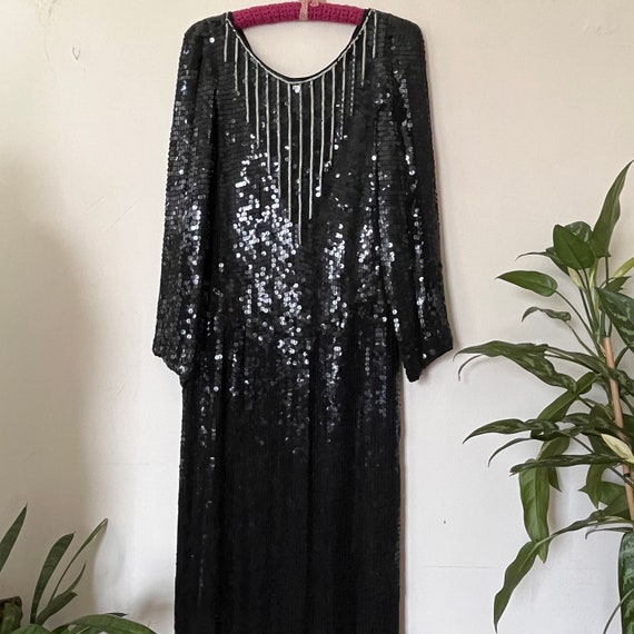 Vintage Black Sequin Silk Dress, Hand Beaded Made… - image 9