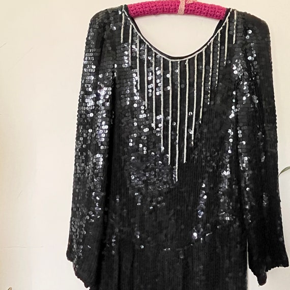 Vintage Black Sequin Silk Dress, Hand Beaded Made… - image 3