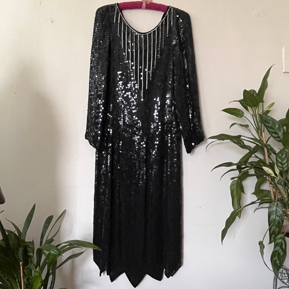 Vintage Black Sequin Silk Dress, Hand Beaded Made… - image 2