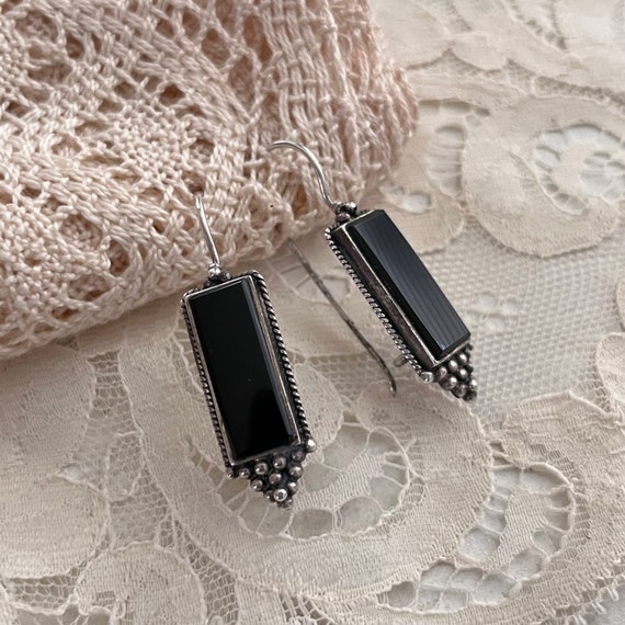 Vintage Black Onyx + Sterling Silver Earrings, Lo… - image 6