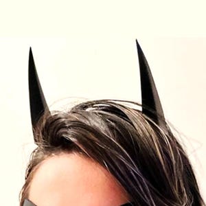 May include: Black, pointed bat ears attached to a person's head. The ears are made of a dark material and stand upright. The person has dark hair and is wearing a black mask.
