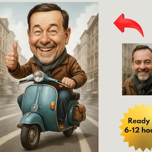 Retrato de caricatura de scooter personalizado / Dibujo de caricatura de Vespa personalizado / Regalo de Vespa / Regalo de caricatura de Vespa / Dibujo de Vespa / Vespa Lambretta