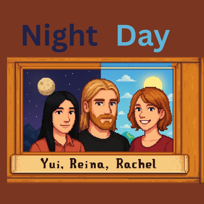 May include: Digital artwork showing three people in a framed window. The background is split, with a night scene on the left and a day scene on the right. The text "Night Day" is above the window, and the names "Yui, Reina, Rachel" are below.