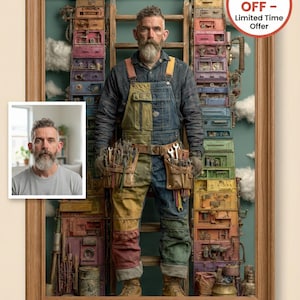 May include: A framed artwork featuring a man in work overalls and a tool belt, standing before a colorful, stacked structure. The image includes a smaller inset portrait of the man and a circular "75% OFF - Limited Time Offer" sticker.