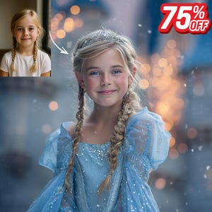 Retrato personalizado de princesa, foto infantil de cuento de hadas, vestido azul, fondo de castillo, arte mágico para la pared de los niños, regalo personalizado imprimible