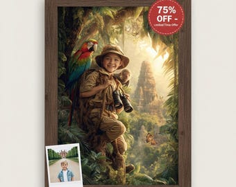 Custom Boy Jungle Explorer Portrait Wall Art Safari Adventure Gift Personalized Kids Room Decor Printable Digital Download