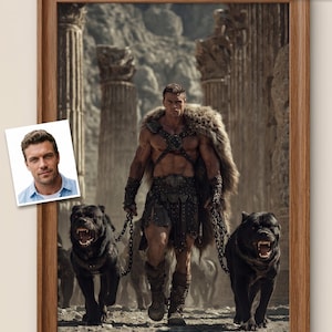 May include: A framed print featuring a muscular figure in ancient attire, flanked by two large black dogs on chains. The background shows ruins and columns. A small inset portrait of a man is in the corner. Text reads "75% OFF - Limited Time Offer".