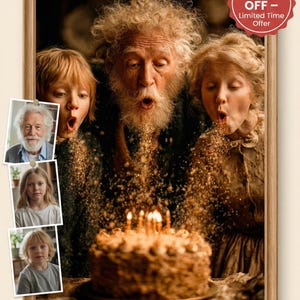 Puede incluir: Imagen enmarcada que muestra a tres personas soplando sobre una tarta de cumpleaños con velas encendidas. La tarta es marrón y tiene una superficie texturizada. La imagen incluye tres fotos más pequeñas de las personas. Una pegatina redonda roja en la esquina superior derecha dice "75% OFF - Oferta limitada".