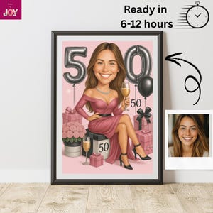 Caricatura personalizada de 50 cumpleaños a partir de fotos, regalo de retrato de dibujos animados de feliz cumpleaños, feliz 50 cumpleaños, caricatura a partir de foto