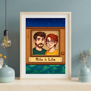 May include: Framed pixel art print depicting a couple, Milo and Lila, set against a starry night sky. The artwork is presented in a wooden frame, with a pixelated aesthetic. The couple's names are displayed below their portraits.
