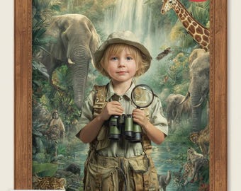 Custom Child Safari Explorer Face Swap Portrait Wall Art Jungle Adventure Gift Personalized Kids Room Decor Printable Digital Download