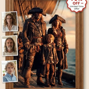 May include: A framed digital portrait of a family dressed in pirate attire, standing on a wooden deck with a ship's sail in the background. The family consists of a man, woman, and child, all wearing black tricorn hats and long coats. A red and white "75% OFF" sticker is in the top right corner.