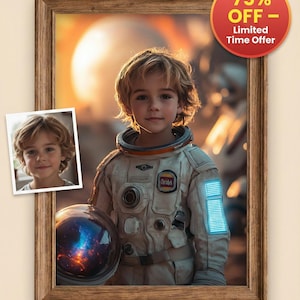 May include: A framed portrait of a young child in an astronaut suit, holding a helmet with a galaxy design. The image includes a smaller photo of the child and a circular sticker that says "75% OFF - Limited Time Offer". The frame is a warm brown color.