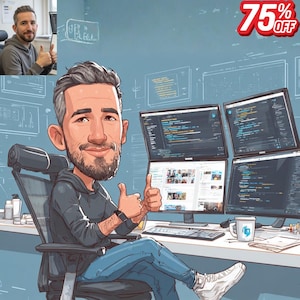 May include: Cartoon illustration of a man with gray hair and a beard, giving a thumbs-up gesture. He is seated at a desk with multiple computer monitors displaying code. The image includes a smaller inset photo of the man. The text "75% OFF" is in the upper right corner.