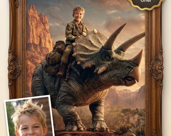 Custom Epic Triceratops Dinosaur Rider Portrait Personalized Prehistoric Explorer Wall Art Cinematic Style Gift Printable Digital Download