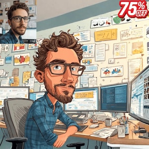 Puede incluir: Una ilustración de dibujos animados de un hombre con gafas y barba, sentado en un escritorio con múltiples monitores de computadora. El fondo presenta una pared cubierta de papeles y una pancarta "75% OFF".