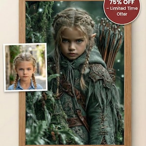 May include: A framed portrait of a young girl with braided blonde hair, dressed in fantasy attire, with a bow and arrows. The image is set in a forest scene, with a smaller inset photo of the girl. A circular sticker in the top right corner reads "75% OFF - Limited Time Offer."