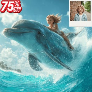 May include: A digital art image of a child riding a large blue dolphin in the ocean. The dolphin is leaping through the water, creating splashes. The image includes a 75% OFF sale tag in the upper left corner. A small inset photo of a child is in the upper right corner.