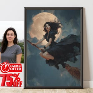 Puede incluir: Obra de arte enmarcada que representa a una mujer con un vestido negro montada en una escoba contra un fondo de luna llena y cielo nublado. La obra de arte está en un marco negro.