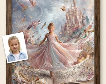 Custom Child Storybook Princess Portrait Personalized Magical Book Adventure Wall Art Young Princess Cinematic Style Digital Download