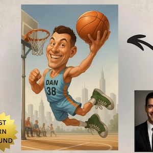 Caricatura de retrato personalizada, retrato de caricatura de jugador de baloncesto, regalo para jugador de baloncesto, caricatura de baloncesto, caricatura deportiva