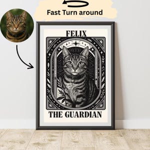 Impression d'art de carte de tarot portrait d'animal de compagnie personnalisé, cadeau d'affiche d'amant de chat mystique pour maman de chat, art mural de tarot protecteur, art de chat bohème personnalisé