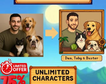 Retrato personalizado de Stardew Valley: Pareja, familia y mascotas en pixel art - ¡75% de descuento por tiempo limitado!