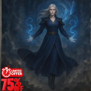 Può includere: Dipinto digitale di una donna con lunghi capelli bianchi in un lungo abito blu scuro. Ha le braccia tese, con energia blu brillante che emana dalle sue mani. Lo sfondo è un cielo scuro e nuvoloso con accenti blu. Tema fantasy.