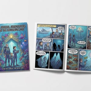 Op de afbeelding: Een stripboek getiteld "The Abyssal Adventurers and the Guardian's Key" met kleurrijke illustraties. De cover toont een familie in duikpakken voor een onderwaterportaal. De open pagina's tonen stripverhalen met onderwaterscènes en tekstballonnen.