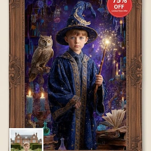 Puede incluir: Retrato enmarcado de un joven mago con túnica y sombrero azules con estrellas doradas. Un búho está a la izquierda. El mago sostiene una varita mágica brillante. El fondo es una biblioteca mágica.