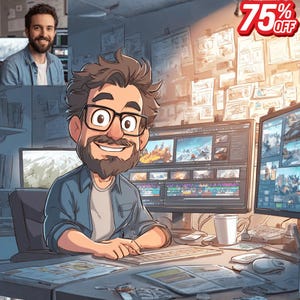 Könnte beinhalten: Illustration eines Mannes mit Brille und Bart, der an einem Computer mit mehreren Bildschirmen arbeitet. Das Bild enthält ein kleineres Foto des Mannes. Ein rot-weißes Banner in der Ecke zeigt "75% OFF".