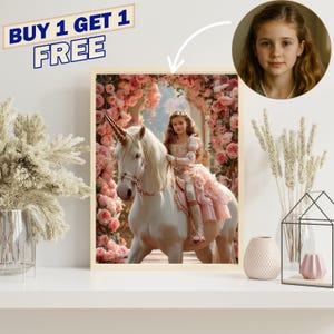 Custom Princess Riding Unicorn Portrait, Personalized Gift for Girls, Birthday Gift for Daughter, Princess Portrait from Photo, Unique Gifts