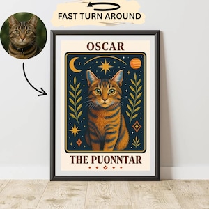 Impresión artística de la carta del tarot con retrato de mascota, póster místico para amantes de los gatos, regalo para mamá gata, arte mural del tarot protector, arte bohemio personalizado para gatos.