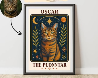 Pet Portrait Tarot Card Art Print, Mystical Cat Lover Poster Gift for Cat Mom, The Protector Tarot Wall Art,Personalized Boho Cat Art